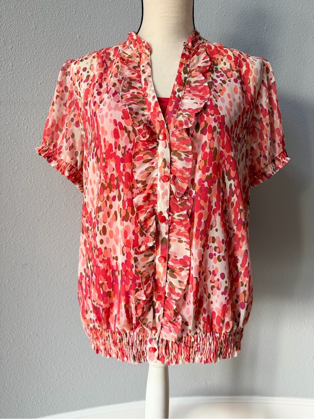 Apt. 9 Ruffle Button Up Bubble Hem Blouse & Cami Set Pink Orange Dot Size L